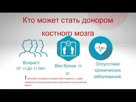 Кто может стать донором костного мозга Возраст от 18 до 45 лет.