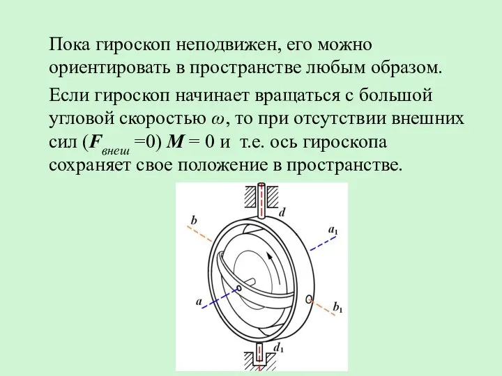 Пока гироскоп неподвижен, его можно ориентировать в пространстве любым образом. Если гироскоп