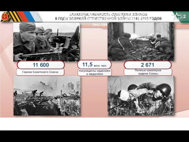 САМООТВЕРЖЕННОСТЬ СОВЕТСКИХ ВОИНОВ В ГОДЫ ВЕЛИКОЙ ОТЕЧЕСТВЕННОЙ ВОЙНЫ 1941-1945 ГОДОВ 2 11 600 2 671 11,5