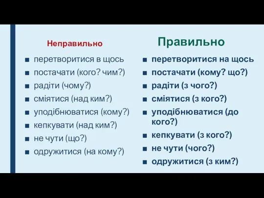 Неправильно перетворитися в щось постачати (кого? чим?) радіти (чому?) сміятися (над ким?)