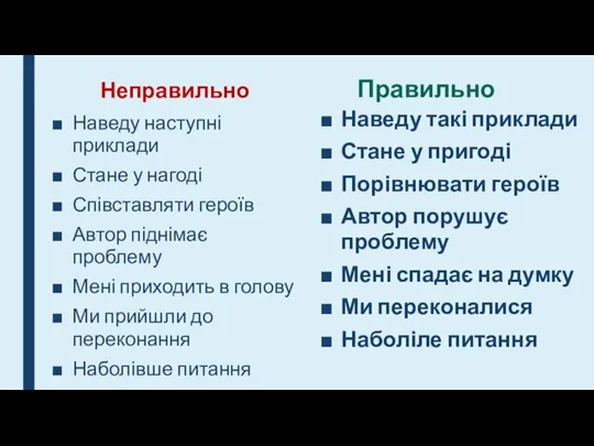 Неправильно Наведу наступні приклади Стане у нагоді Співставляти героїв Автор піднімає проблему