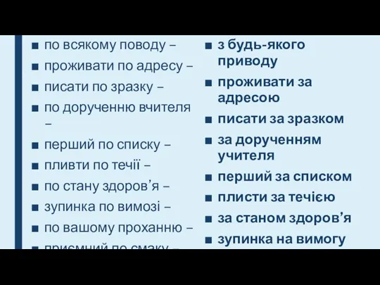 по всякому поводу – проживати по адресу – писати по зразку –