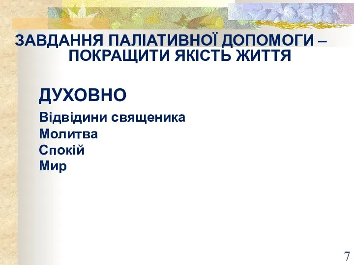 ЗАВДАННЯ ПАЛІАТИВНОЇ ДОПОМОГИ – ПОКРАЩИТИ ЯКІСТЬ ЖИТТЯ ДУХОВНО Відвідини священика Молитва Спокій Мир