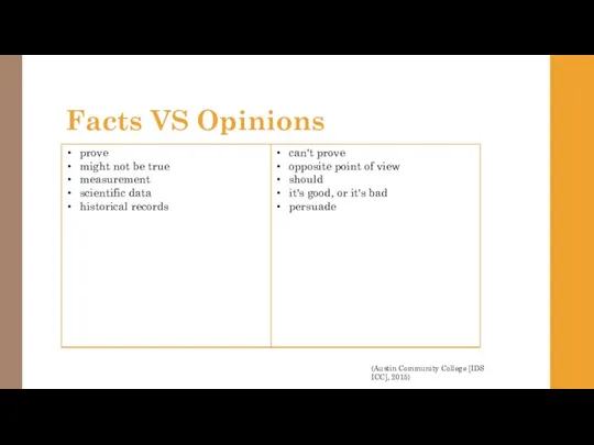 Facts VS Opinions (Austin Community College [IDS ICC], 2015)