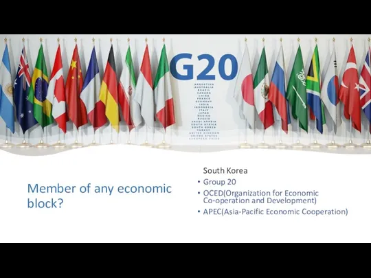 Member of any economic block? South Korea Group 20 OCED(Organization for Economic