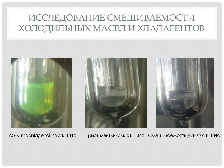 ИССЛЕДОВАНИЕ СМЕШИВАЕМОСТИ ХОЛОДИЛЬНЫХ МАСЕЛ И ХЛАДАГЕНТОВ PAG Klimaanlagenoil 46 с R-134a Триэтиленгликоль