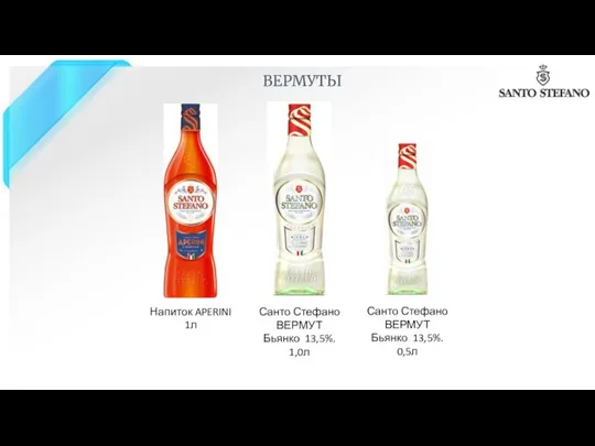 ВЕРМУТЫ Напиток APERINI 1л Санто Стефано ВЕРМУТ Бьянко 13,5%. 1,0л Санто Стефано ВЕРМУТ Бьянко 13,5%. 0,5л