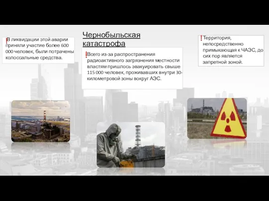 Чернобыльская катастрофа Всего из-за распространения радиоактивного загрязнения местности властям пришлось эвакуировать свыше