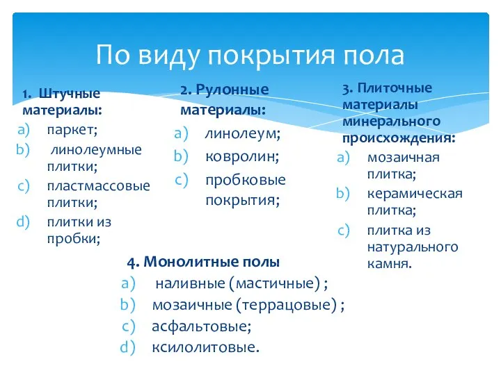 1. Штучные материалы: паркет; линолеумные плитки; пластмассовые плитки; плитки из пробки; По