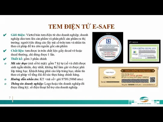 TEM ĐIỆN TỬ E-SAFE Giới thiệu: Viettel bán tem điện tử cho