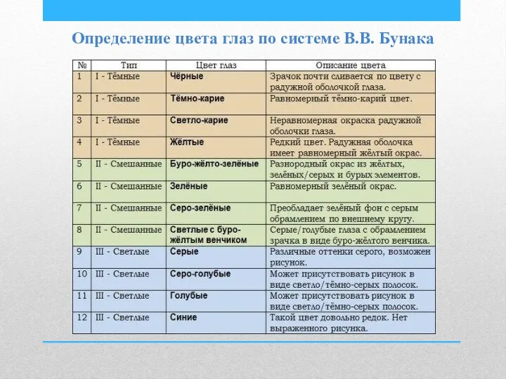 Определение цвета глаз по системе В.В. Бунака