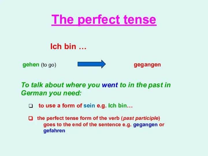 The perfect tense Ich bin … gehen (to go) gegangen To talk