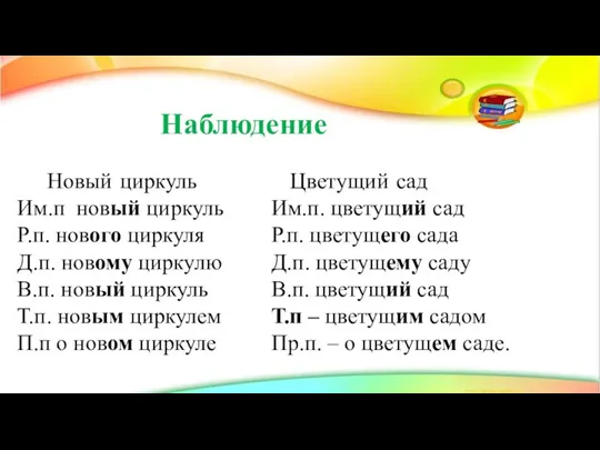 Наблюдение Новый циркуль Им.п новый циркуль Р.п. нового циркуля Д.п. новому циркулю