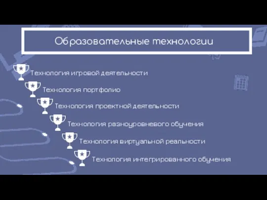 Образовательные технологии Технология игровой деятельности Технология портфолио Технология разноуровневого обучения Технология виртуальной