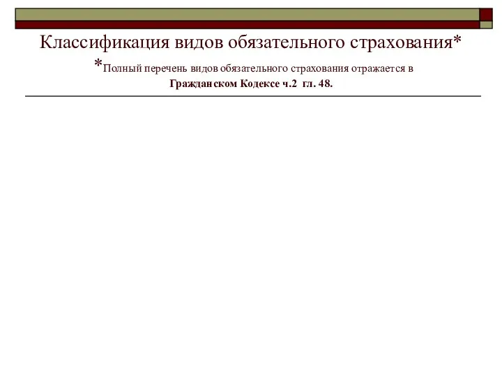 Классификация видов обязательного страхования* *Полный перечень видов обязательного страхования отражается в Гражданском Кодексе ч.2 гл. 48.