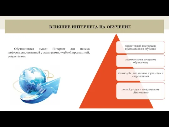 ВЛИЯНИЕ ИНТЕРНЕТА НА ОБУЧЕНИЕ Обучающимся нужен Интернет для поиска информации, связанной с экзаменами, учебной программой, результатами.