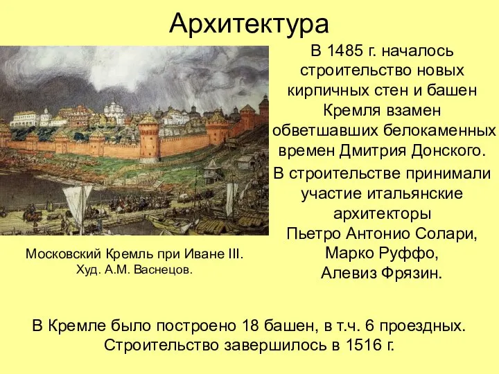 Архитектура В 1485 г. началось строительство новых кирпичных стен и башен Кремля