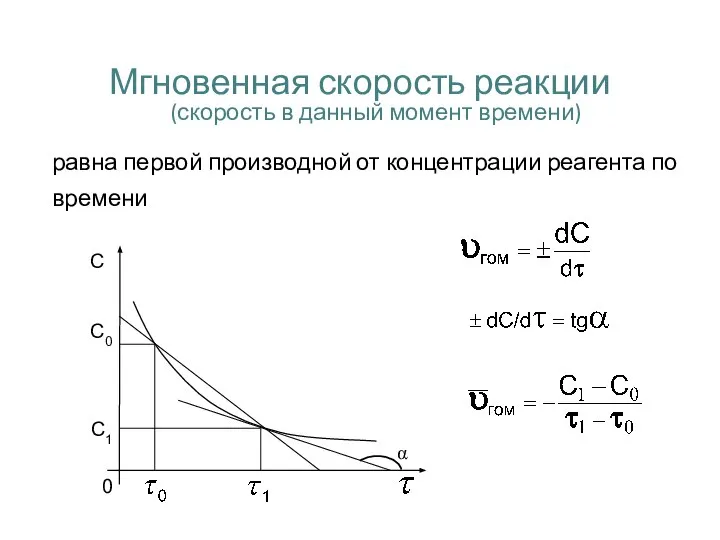 Мгновенная скорость реакции (скорость в данный момент времени) равна первой производной от