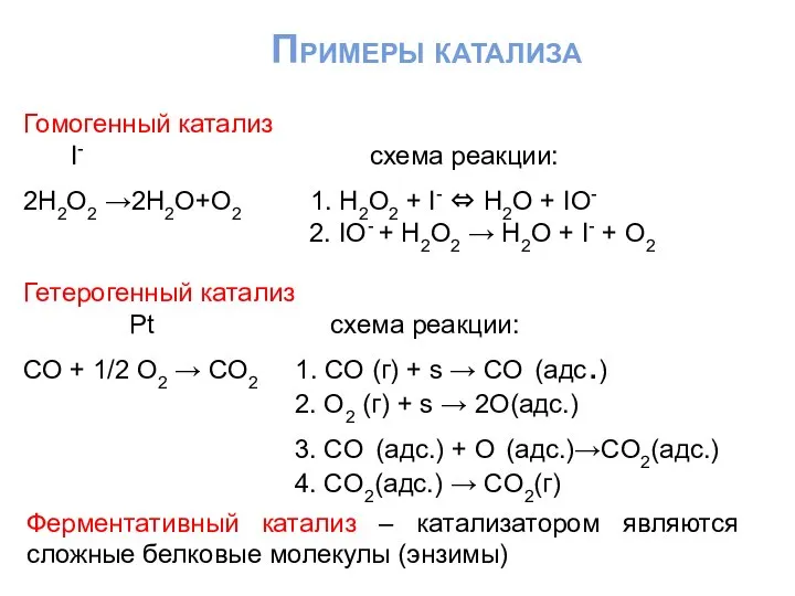 Примеры катализа Гомогенный катализ I- схема реакции: 2H2O2 →2H2O+O2 1. H2O2 +