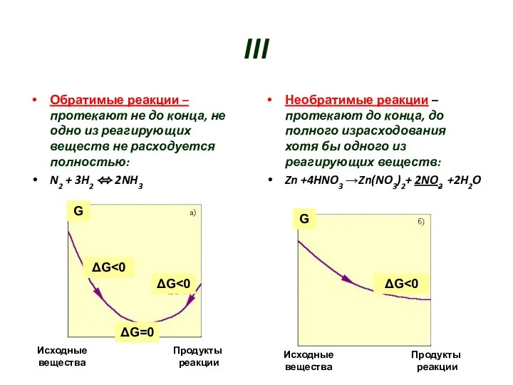 III Обратимые реакции – протекают не до конца, не одно из реагирующих