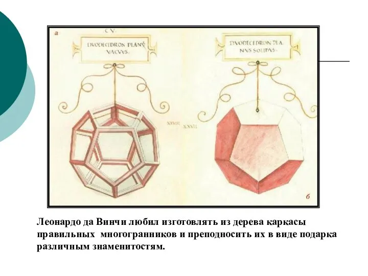 Леонардо да Винчи любил изготовлять из дерева каркасы правильных многогранников и преподносить