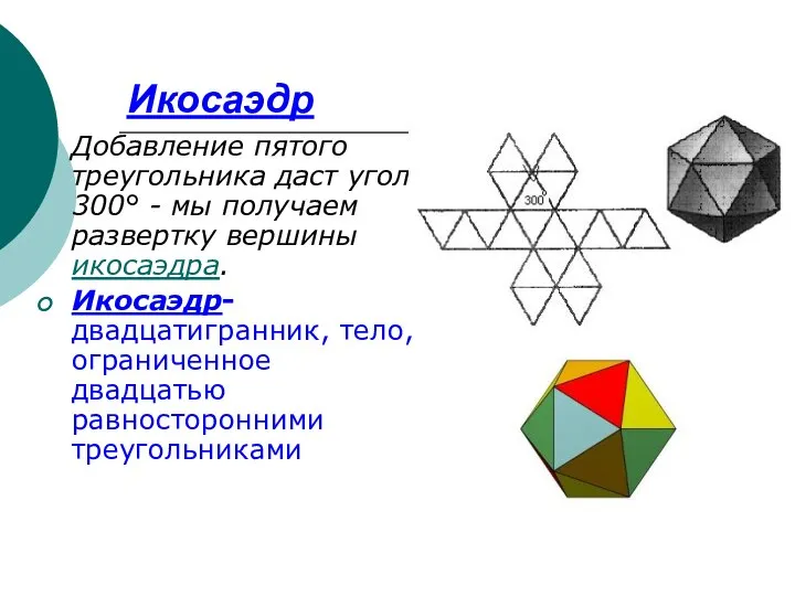 Икосаэдр Добавление пятого треугольника даст угол 300° - мы получаем развертку вершины