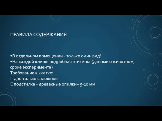 ПРАВИЛА СОДЕРЖАНИЯ •В отдельном помещении - только один вид! •На каждой клетке