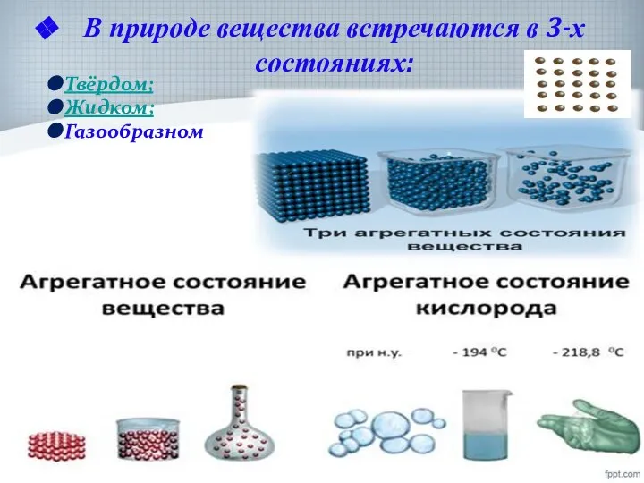 В природе вещества встречаются в 3-х состояниях: Твёрдом; Жидком; Газообразном