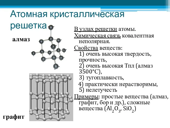 Атомная кристаллическая решетка В узлах решетки атомы. Химическая связь ковалентная неполярная. Свойства