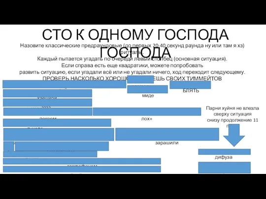 СТО К ОДНОМУ ГОСПОДА ГОСПОДА Назовите классические предраундовые (до первых 20-40 секунд