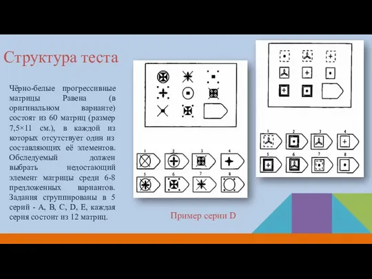 Чёрно-белые прогрессивные матрицы Равена (в оригинальном варианте) состоят из 60 матриц (размер