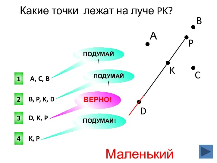 Какие точки лежат на луче PK? D, K, P B, P, K,