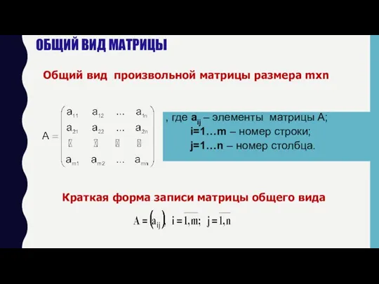 Общий вид произвольной матрицы размера mxn Краткая форма записи матрицы общего вида ОБЩИЙ ВИД МАТРИЦЫ