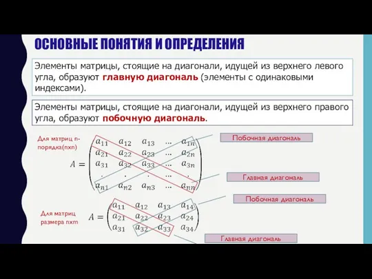 Элементы матрицы, стоящие на диагонали, идущей из верхнего левого угла, образуют главную