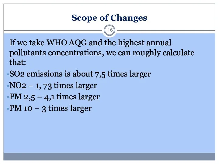 Scope of Changes If we take WHO AQG and the highest annual