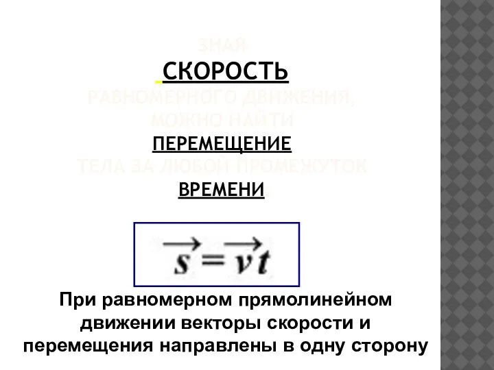 ЗНАЯ СКОРОСТЬ РАВНОМЕРНОГО ДВИЖЕНИЯ, МОЖНО НАЙТИ ПЕРЕМЕЩЕНИЕ ТЕЛА ЗА ЛЮБОЙ ПРОМЕЖУТОК ВРЕМЕНИ: