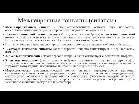 Межнейронные контакты (синапсы) Межнейрональный синапс - специализированный контакт двух нейронов, обеспечивающий одностороннее