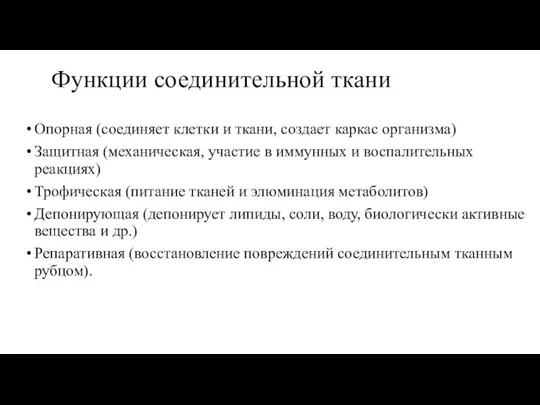 Функции соединительной ткани Опорная (соединяет клетки и ткани, создает каркас организма) Защитная