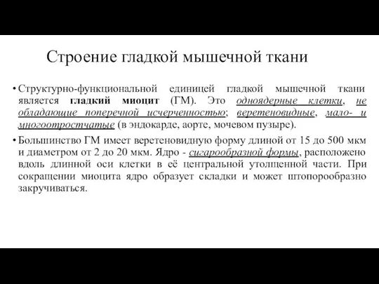 Строение гладкой мышечной ткани Структурно-функциональной единицей гладкой мышечной ткани является гладкий миоцит