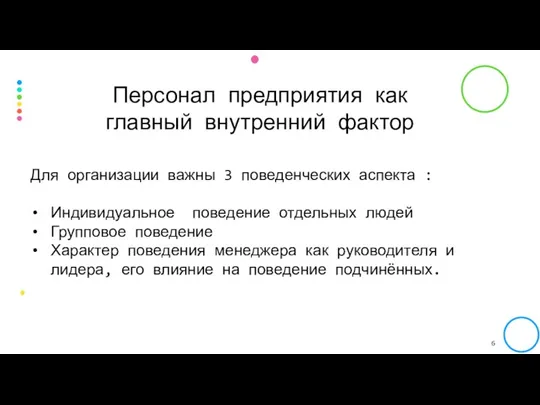 Для организации важны 3 поведенческих аспекта : Индивидуальное поведение отдельных людей Групповое