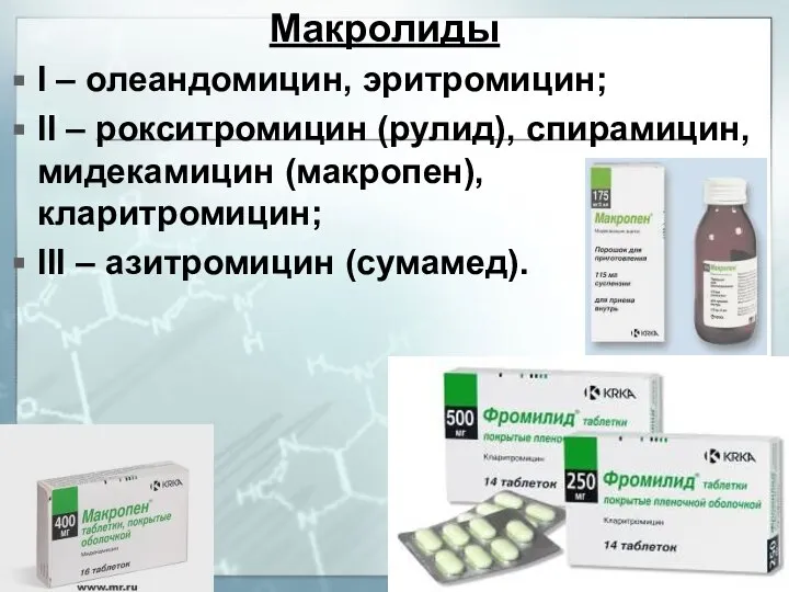 Макролиды I – олеандомицин, эритромицин; II – рокситромицин (рулид), спирамицин, мидекамицин (макропен),