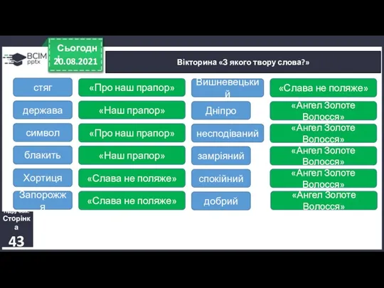 20.08.2021 Сьогодні Вікторина «З якого твору слова?» Підручник. Сторінка 43 стяг держава