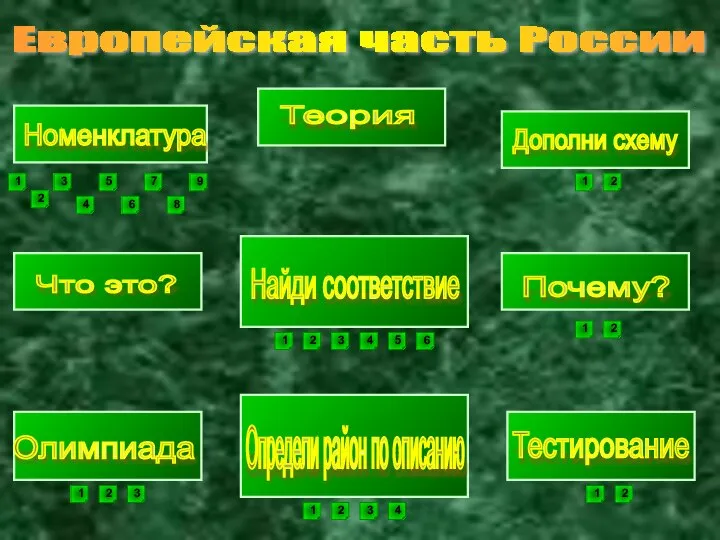 Европейская часть России Номенклатура Теория Найди соответствие Определи район по описанию Тестирование