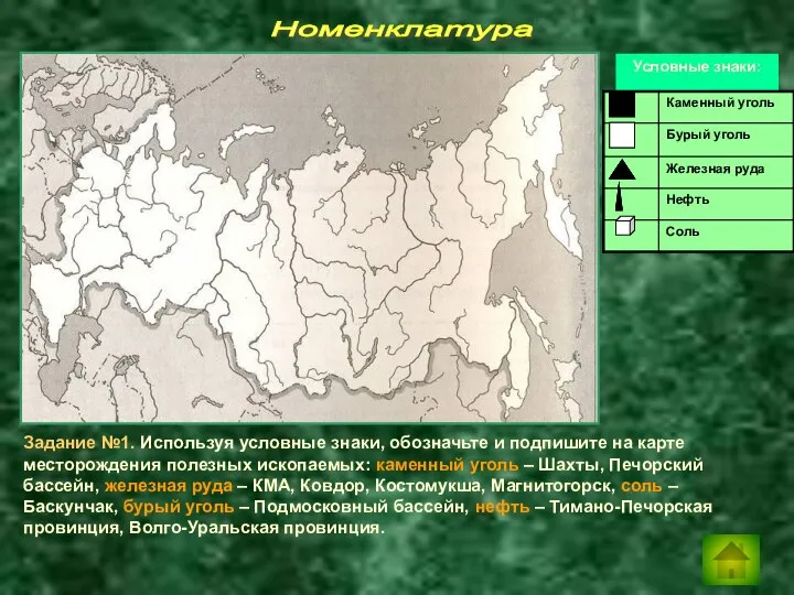 Номенклатура Задание №1. Используя условные знаки, обозначьте и подпишите на карте месторождения