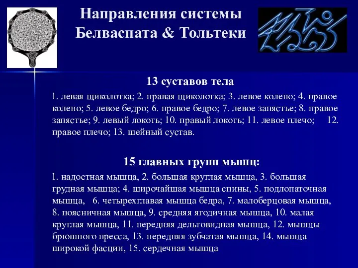 Направления системы Белваспата & Тольтеки 13 суставов тела 1. левая щиколотка; 2.