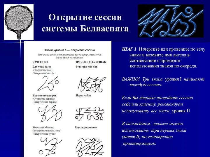 Открытие сессии системы Белваспата ШАГ 1 Начертите или проведите по телу знаки