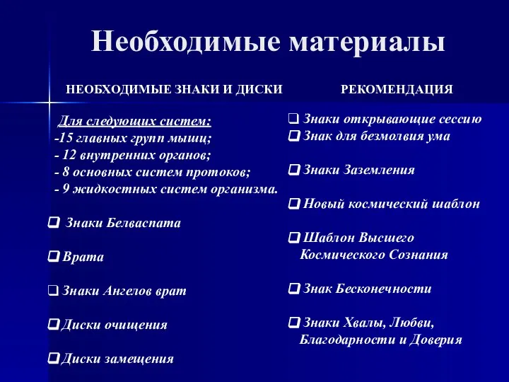 Необходимые материалы НЕОБХОДИМЫЕ ЗНАКИ И ДИСКИ Для следующих систем: 15 главных групп