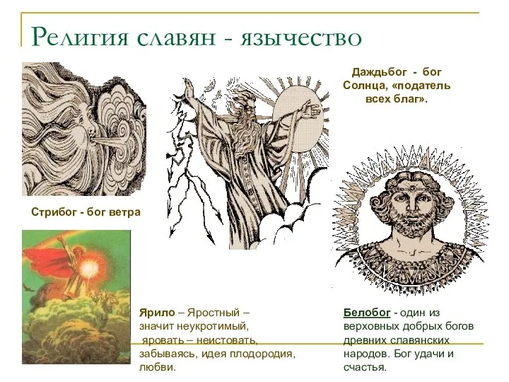 Религия славян - язычество Даждьбог - бог Солнца, «податель всех благ». Стрибог