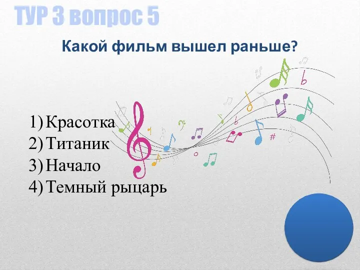 ТУР 3 вопрос 5 Какой фильм вышел раньше? Красотка Титаник Начало Темный рыцарь