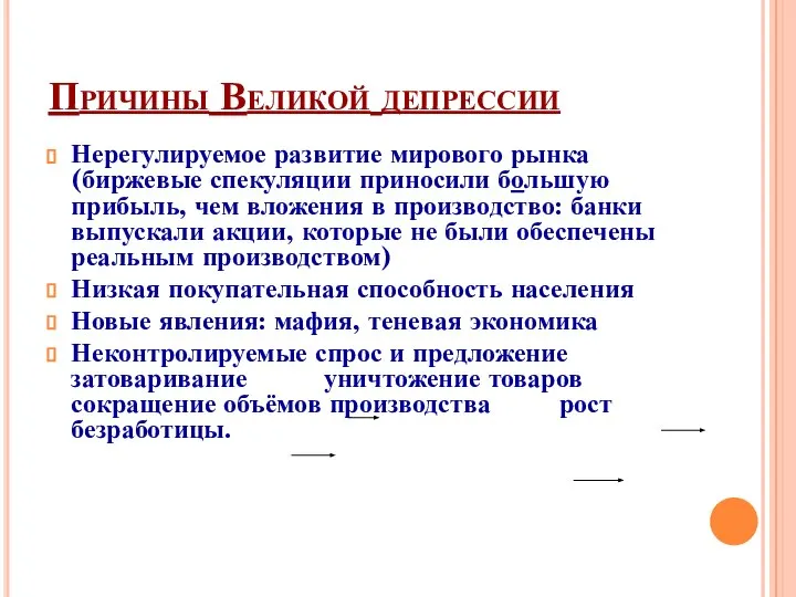 Причины Великой депрессии Нерегулируемое развитие мирового рынка (биржевые спекуляции приносили большую прибыль,